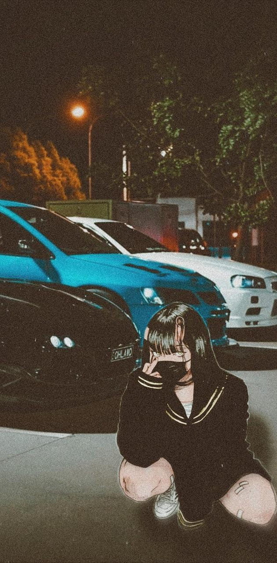 Anime Girl in Sailor Uniform Crouching in Nighttime Parking Lot with JDM Cars HD phone wallpaper