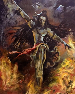 Lord Shiva Performing Cosmic Tandava Dance Amidst Flames and Mountains HD phone wallpaper