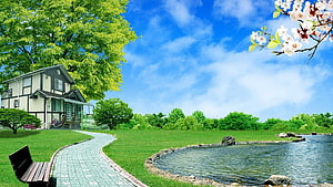 Serene Suburban Garden With Paved Path, Pond, and Cherry Blossoms Under Blue Sky HD wallpaper