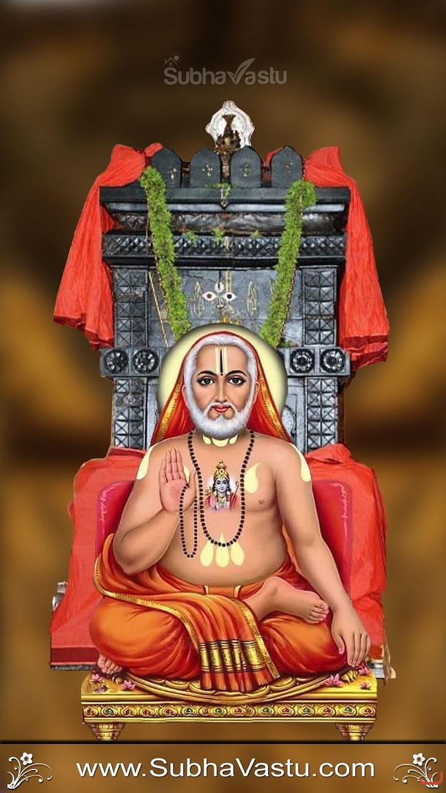 Raghavendra Swami seated in meditation with sacred beads and traditional orange robes HD phone wallpaper