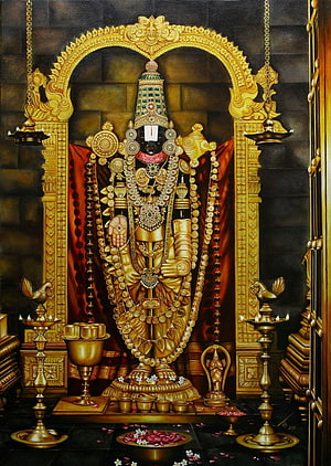 Lord Ayyappa Golden Temple Idol with Oil Lamps and Offerings HD phone wallpaper