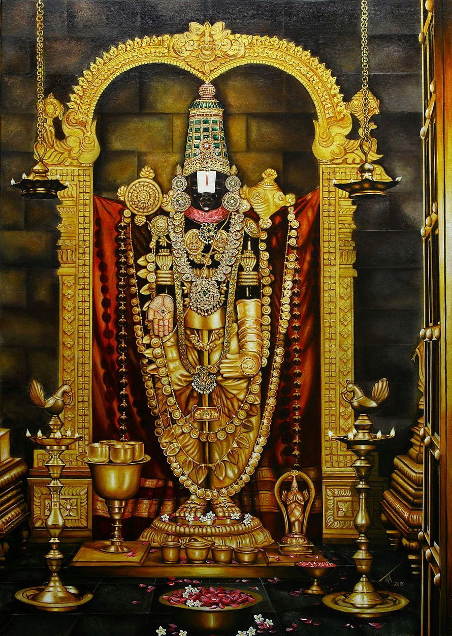 Lord Ayyappa Golden Temple Idol with Oil Lamps and Offerings HD phone wallpaper