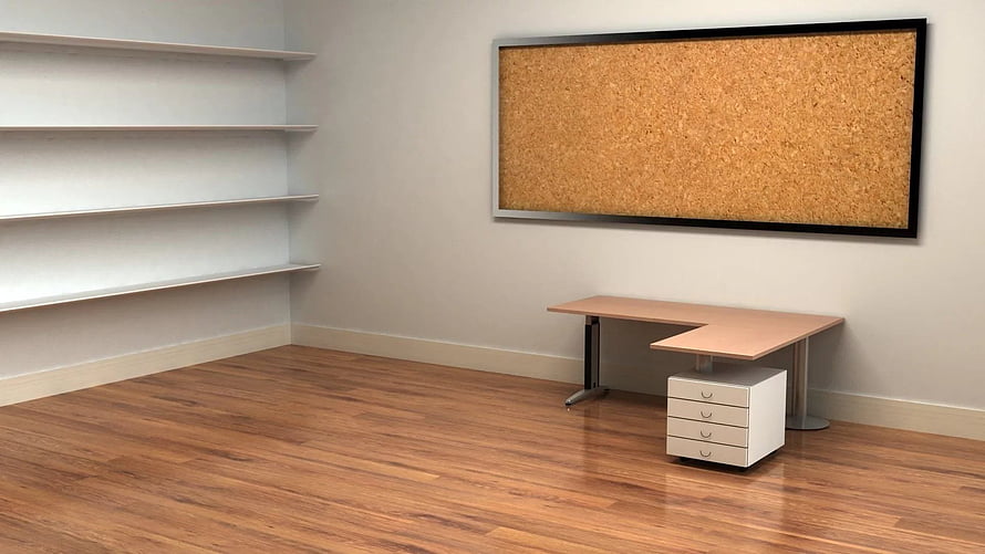 Minimalist Home Office Interior With Wooden Floor, L-Shaped Desk, And Cork Bulletin Board HD wallpaper