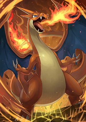 Charizard breathing fire in dynamic anime style illustration with intense flames and glowing embers HD phone wallpaper
