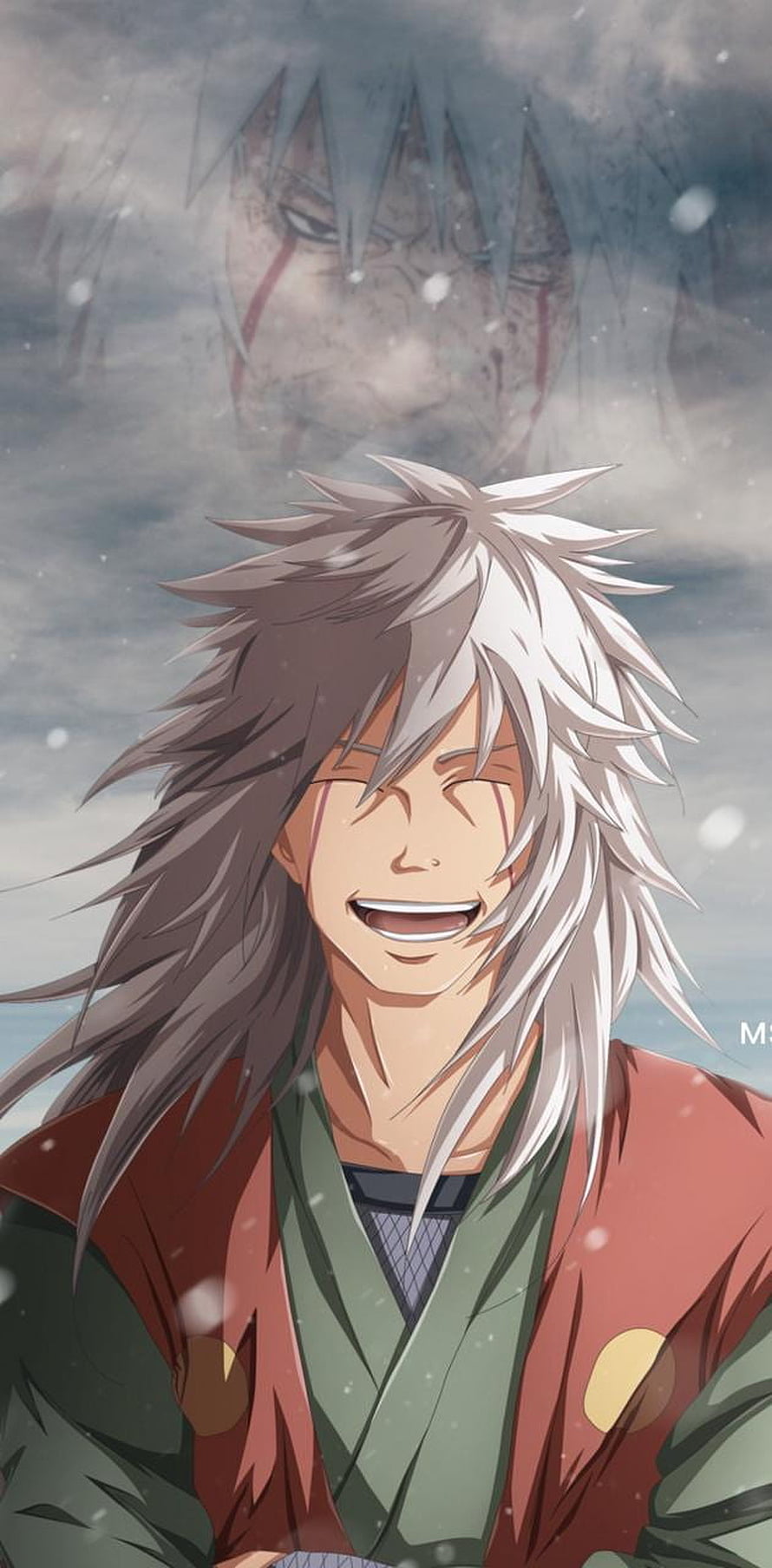Jiraiya Sensei Smiling in Snowfall with Naruto Shadow Behind Him HD phone wallpaper