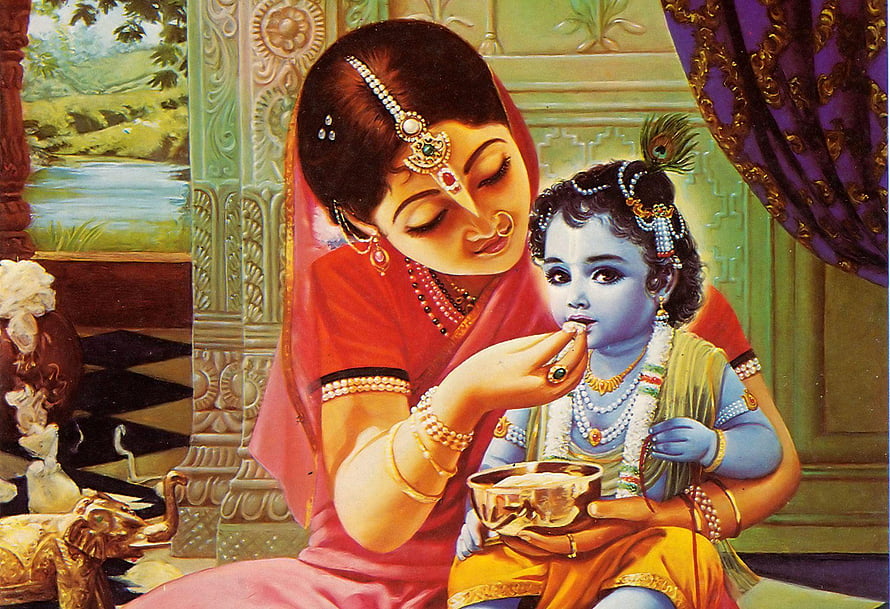Traditional Indian painting of a mother feeding baby Krishna in a palace setting HD wallpaper