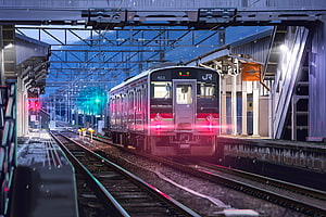 JR 7200 Series Electric Train at Snowy Station Platform at Night HD wallpaper