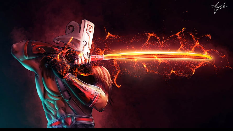 Juggernaut from Dota 2 Wielding a Glowing Flame Sword in Dark Fantasy Art HD wallpaper