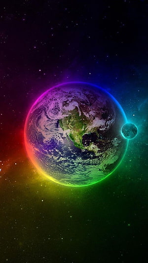 Vibrant Rainbow Earth and Moon in Deep Space with Neon Glow HD phone wallpaper