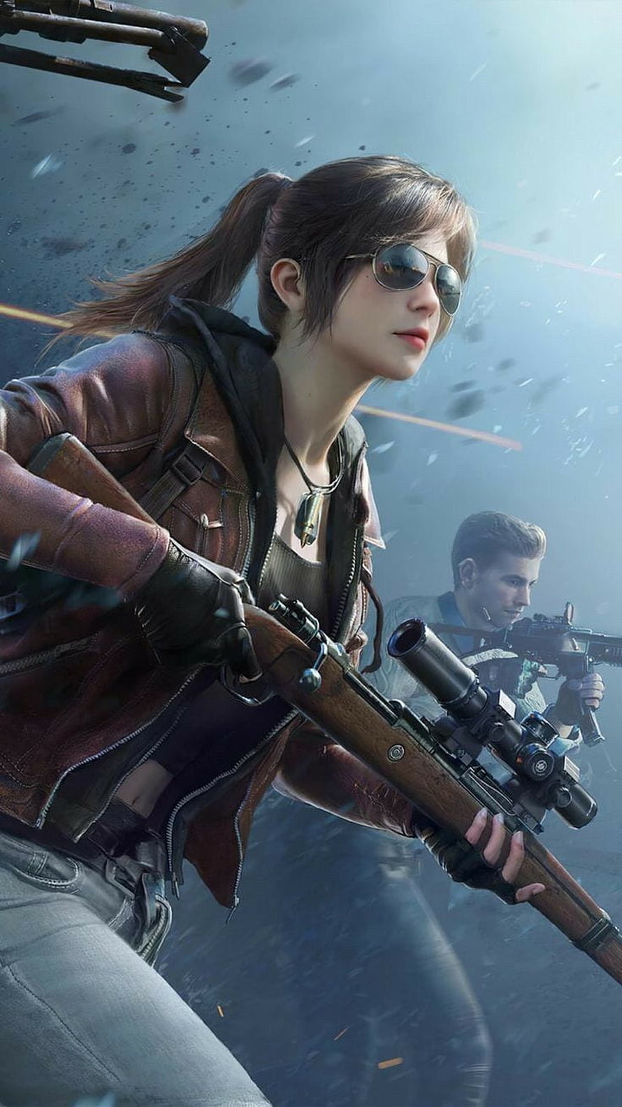 PUBG Female Sniper in Leather Jacket with Aviator Sunglasses and Scoped Rifle HD phone wallpaper