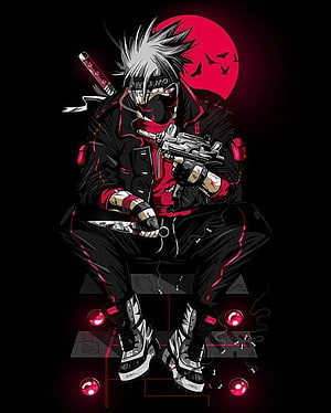 Itachi Uchiha from Naruto in a modern tactical outfit holding a pistol against a red moon backdrop HD phone wallpaper
