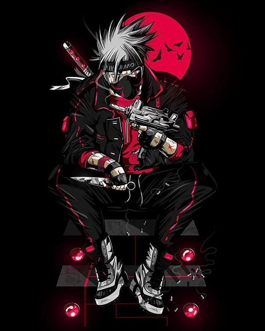Itachi Uchiha from Naruto in a modern tactical outfit holding a pistol against a red moon backdrop HD phone wallpaper