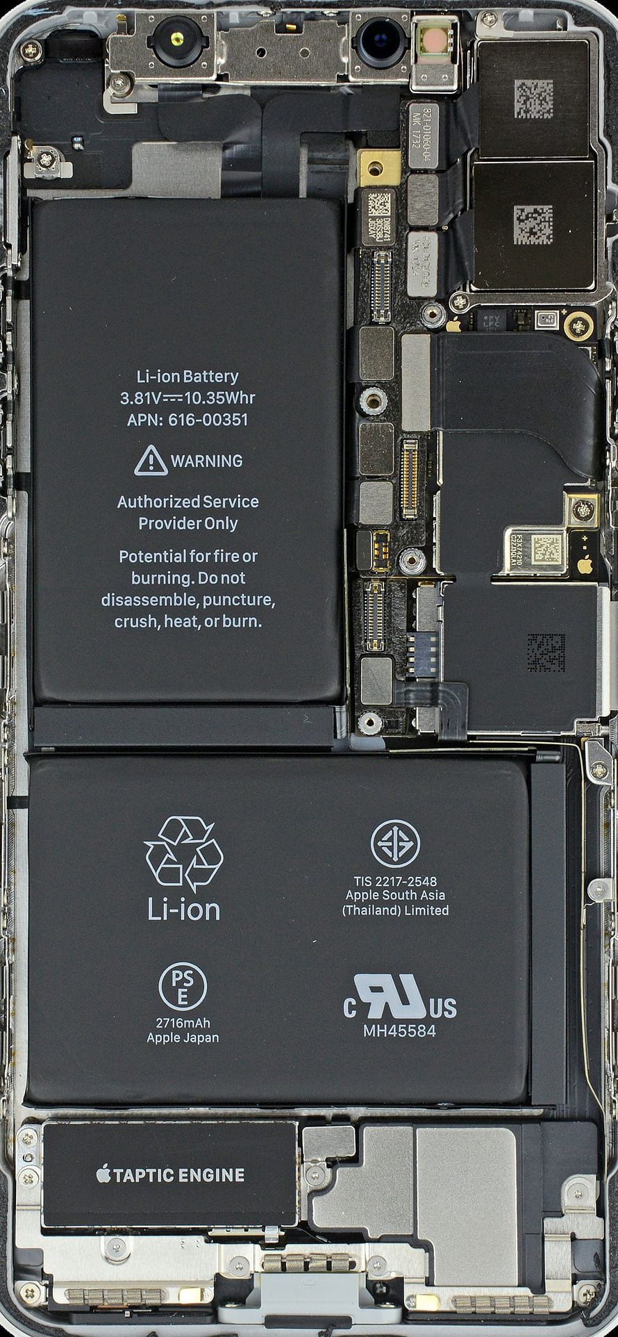 Apple iPhone Internal Hardware Layout Showing Battery, Taptic Engine, and Logic Board Components HD phone wallpaper