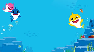 Baby Shark Family Swimming Underwater Cartoon Wallpaper HD wallpaper