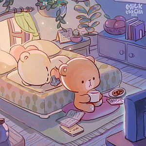 Milk and Mocha Bears Cozy Bedroom Scene with Soft Pastel Illustration HD phone wallpaper