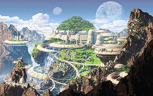 Sci-Fi Floating Cityscape with Waterfalls and Distant Moons HD wallpaper