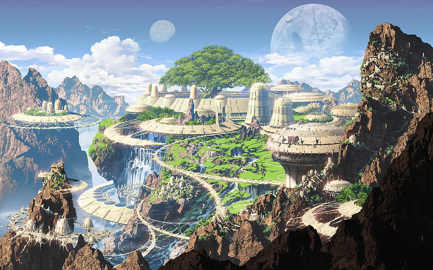 Sci-Fi Floating Cityscape with Waterfalls and Distant Moons HD wallpaper