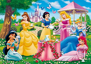 Disney Princesses Enjoying a Garden Tea Party with Castle and Butterflies HD wallpaper