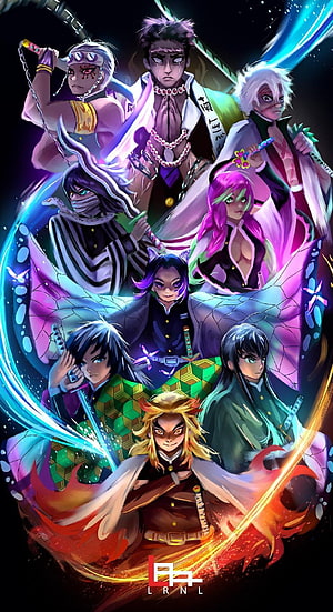 Demon Slayer Hashira Group Artwork with Vibrant Color Palette and Dynamic Character Poses HD phone wallpaper