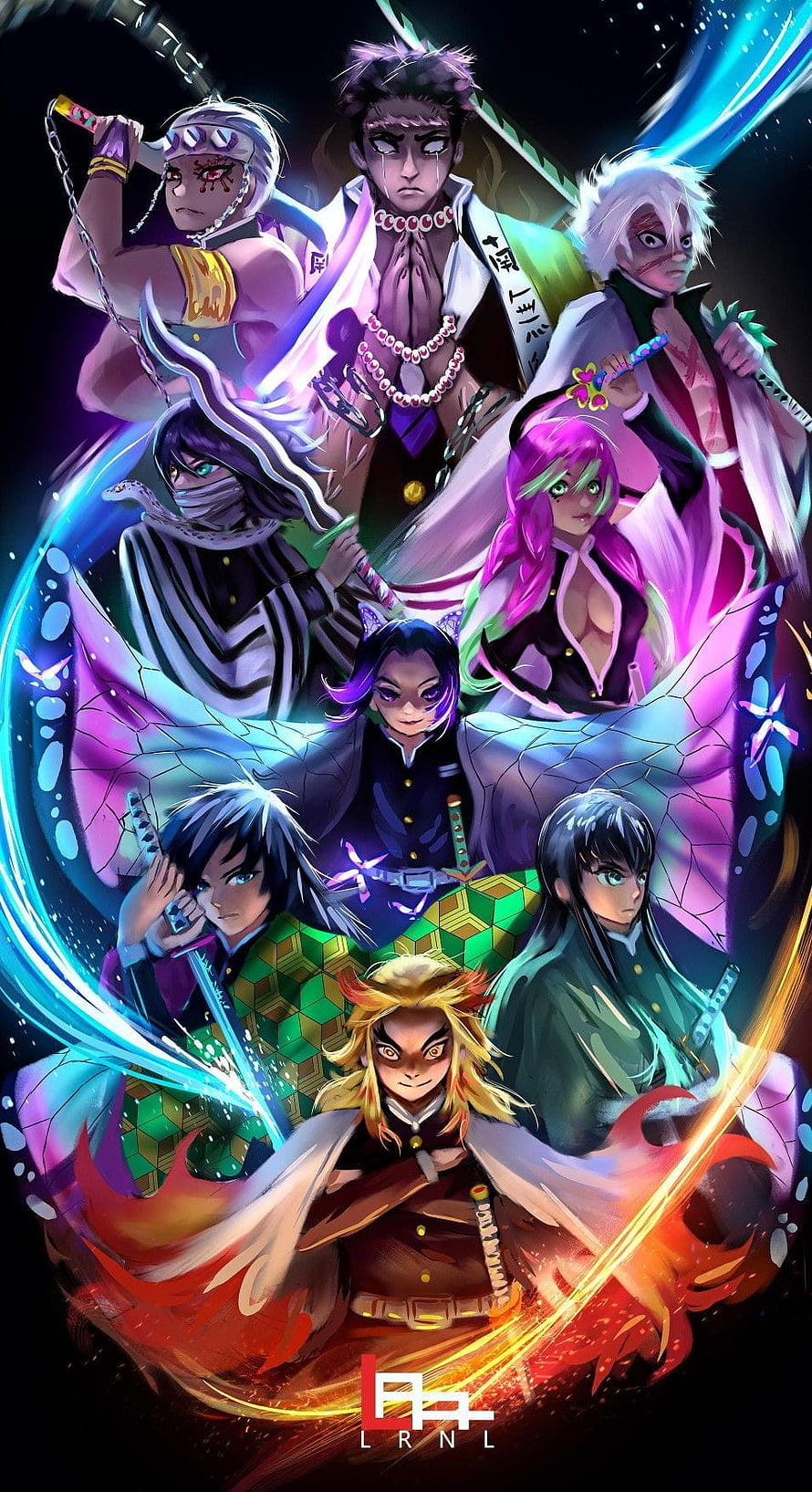 Demon Slayer Hashira Group Artwork with Vibrant Color Palette and Dynamic Character Poses HD phone wallpaper