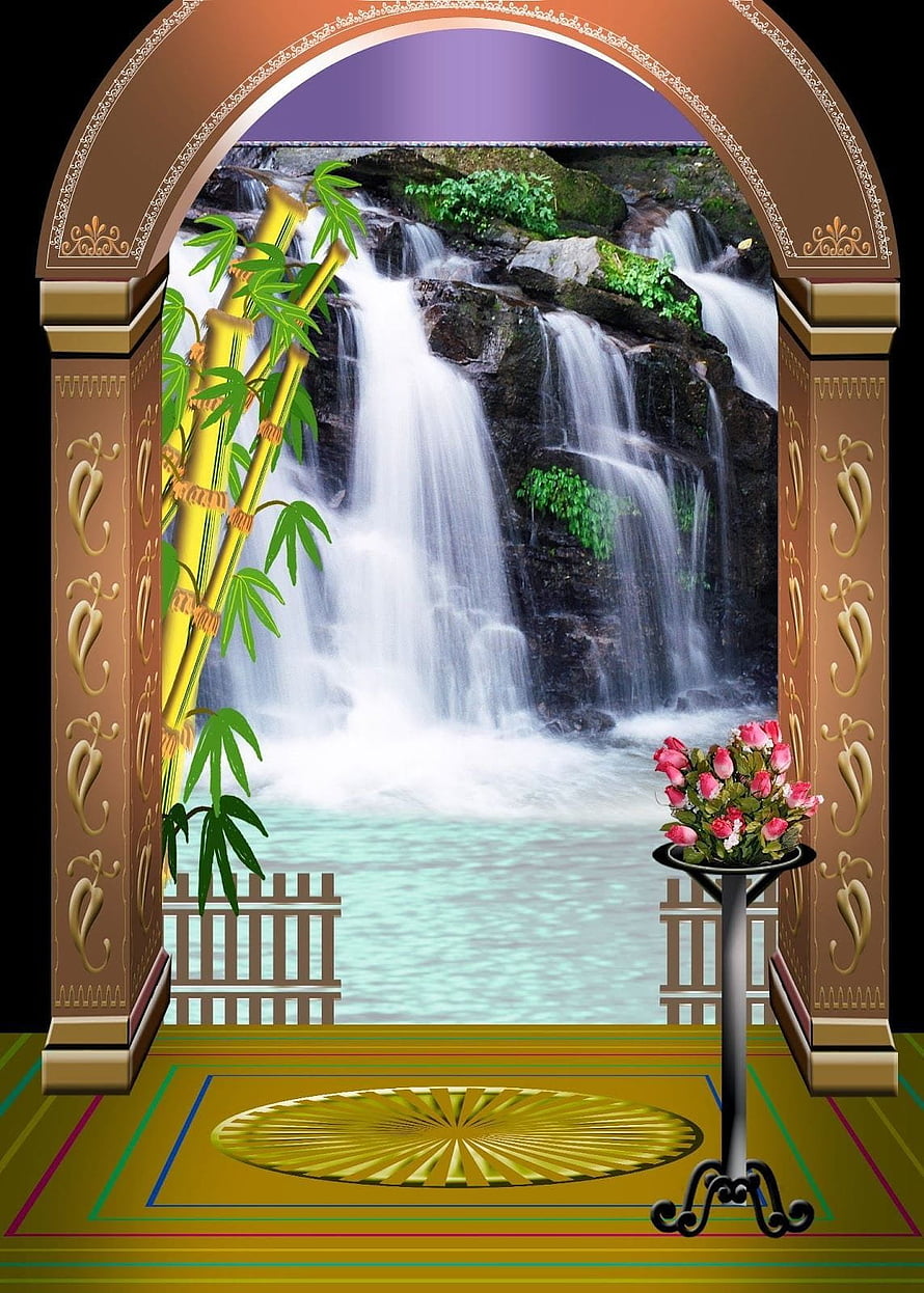 Ornate Archway Framing Serene Waterfall With Bamboo And Pink Roses HD phone wallpaper