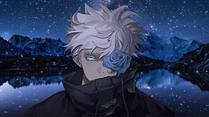 Anime Boy With Blue Rose Covering Eye Under Starry Night Sky HD wallpaper
