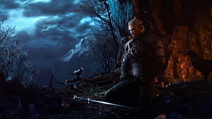 Geralt of Rivia Kneeling by Campfire in The Witcher 3 Wild Hunt Dark Forest Scene HD wallpaper