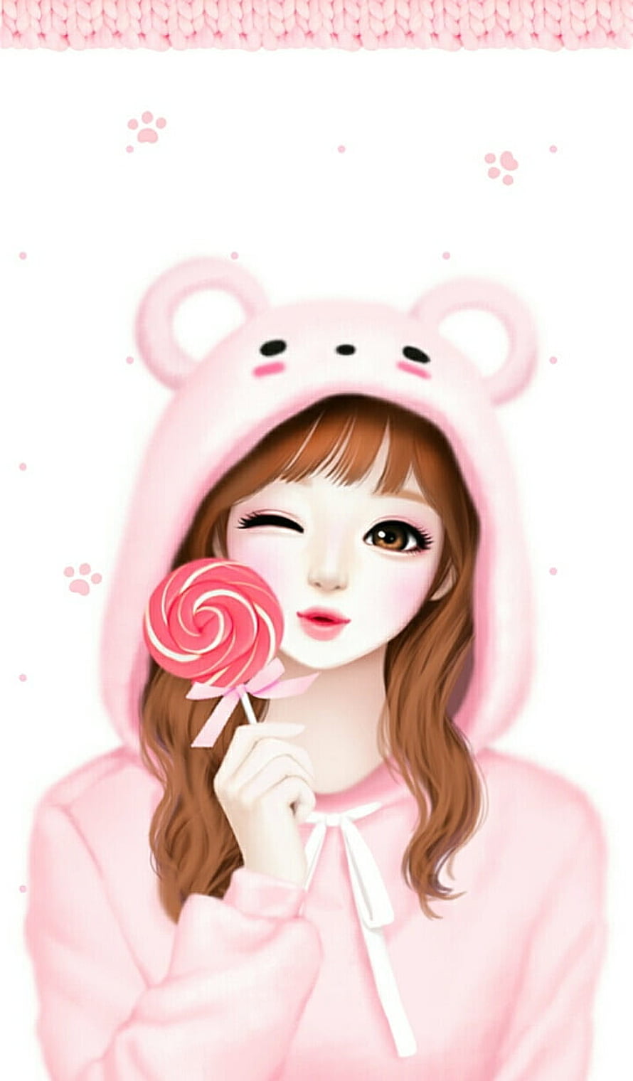 Cute Anime Girl in Pink Bear Hoodie Holding Lollipop HD phone wallpaper