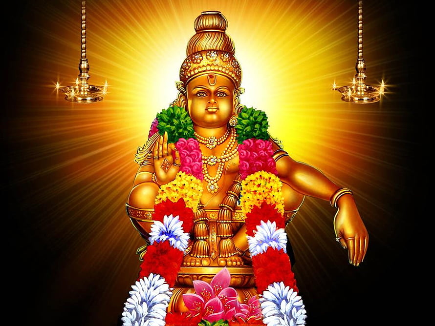 Golden Lord Ayyappa Statue with Flower Garlands and Oil Lamps HD wallpaper