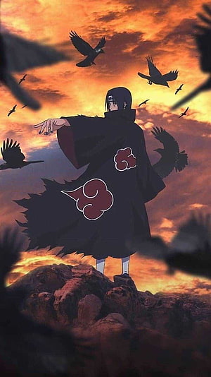 Itachi Uchiha from Naruto standing on a rocky cliff with crows flying against a dramatic sunset sky HD phone wallpaper
