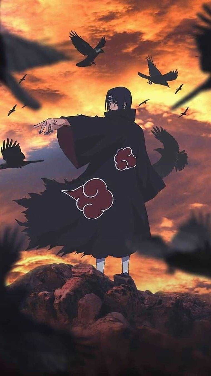 Itachi Uchiha from Naruto standing on a rocky cliff with crows flying against a dramatic sunset sky HD phone wallpaper
