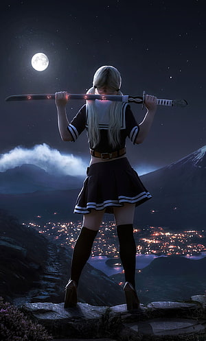 Anime Girl in Sailor Uniform Holding Katana on Cliff at Night HD phone wallpaper