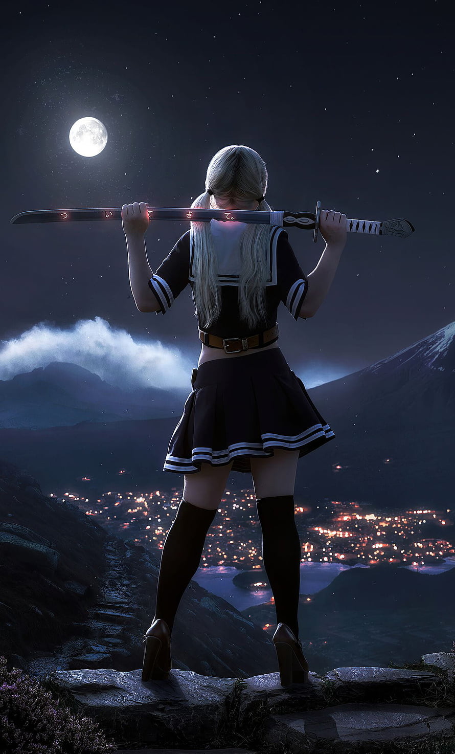 Anime Girl in Sailor Uniform Holding Katana on Cliff at Night HD phone wallpaper