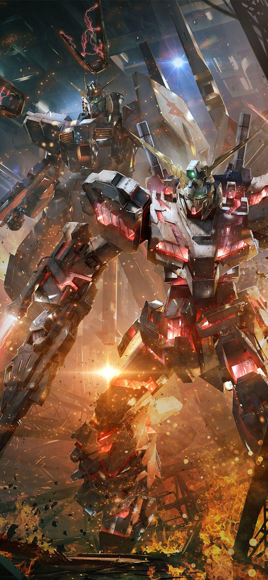 Gundam Wing Heavyarms and Wing Zero battle in fiery industrial ruins HD phone wallpaper