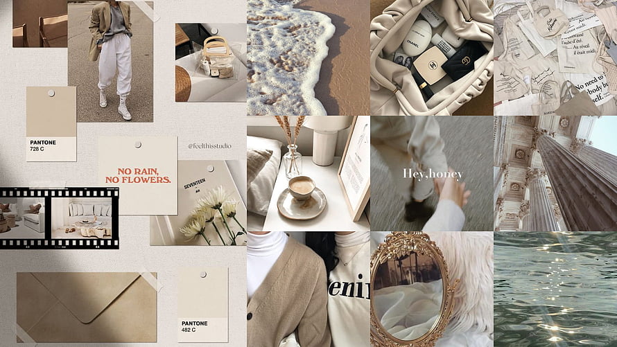 Beige and Cream Aesthetic Mood Board with Fashion, Interior, and Nature Elements HD wallpaper