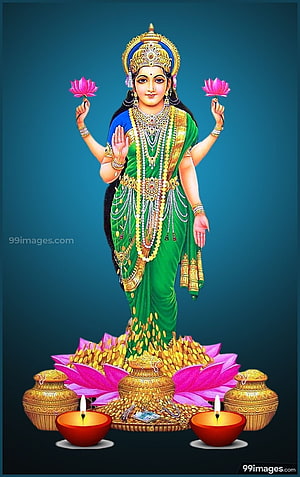 Goddess Lakshmi Standing on Lotus with Gold Coins and Diyas HD phone wallpaper