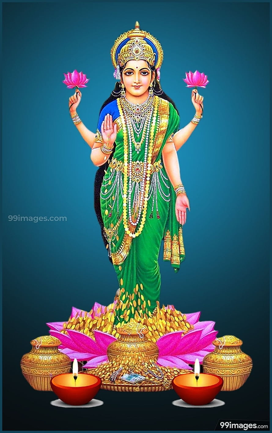 Goddess Lakshmi Standing on Lotus with Gold Coins and Diyas HD phone wallpaper