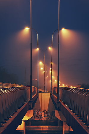 Atmospheric Night View of Foggy Urban Bridge with Glowing Streetlights HD phone wallpaper