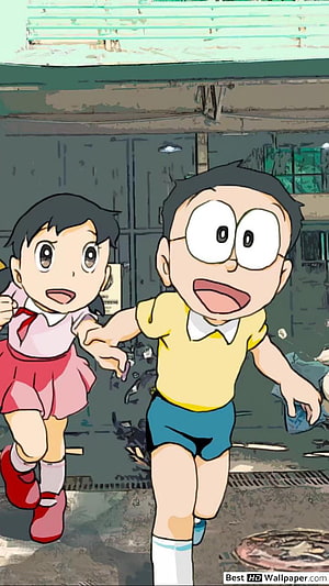 Nobita and Shizuka Running Together in Classic Doraemon Anime Scene HD phone wallpaper