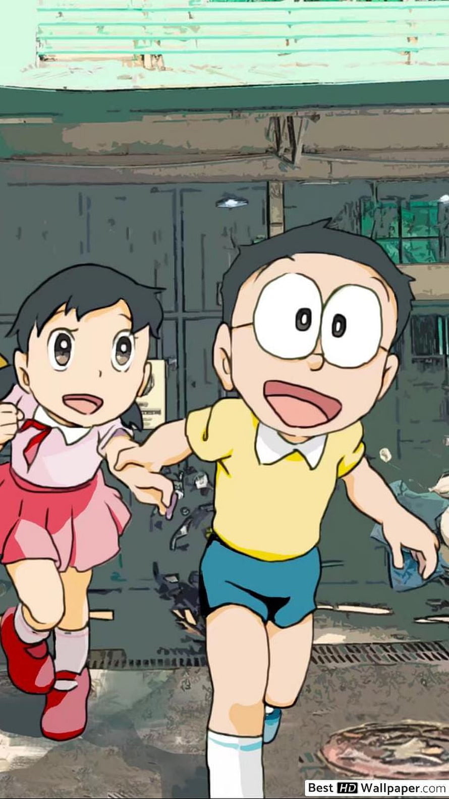 Nobita and Shizuka Running Together in Classic Doraemon Anime Scene HD phone wallpaper