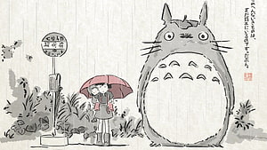 Totoro and Satsuki Waiting in the Rain at a Bus Stop in a Minimalist Ink Wash Style HD wallpaper