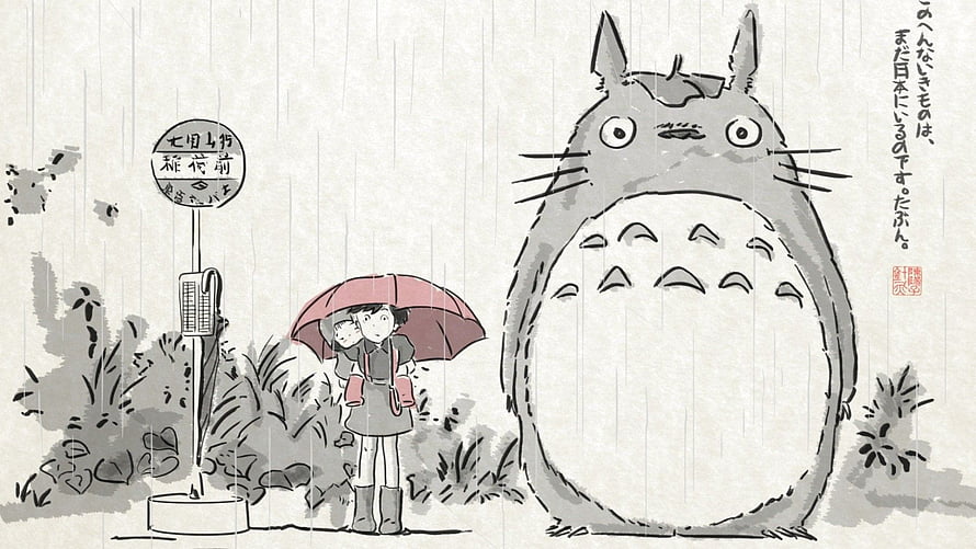 Totoro and Satsuki Waiting in the Rain at a Bus Stop in a Minimalist Ink Wash Style HD wallpaper