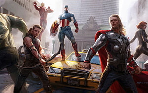 The Avengers Team Assembled in Urban Battle Scene with Iron Man, Captain America, Thor, Hulk, Hawkeye, and Black Widow HD wallpaper