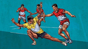 Dynamic Kabaddi Match Illustration Featuring Red Bull Tashan 2018 Players in Action HD wallpaper