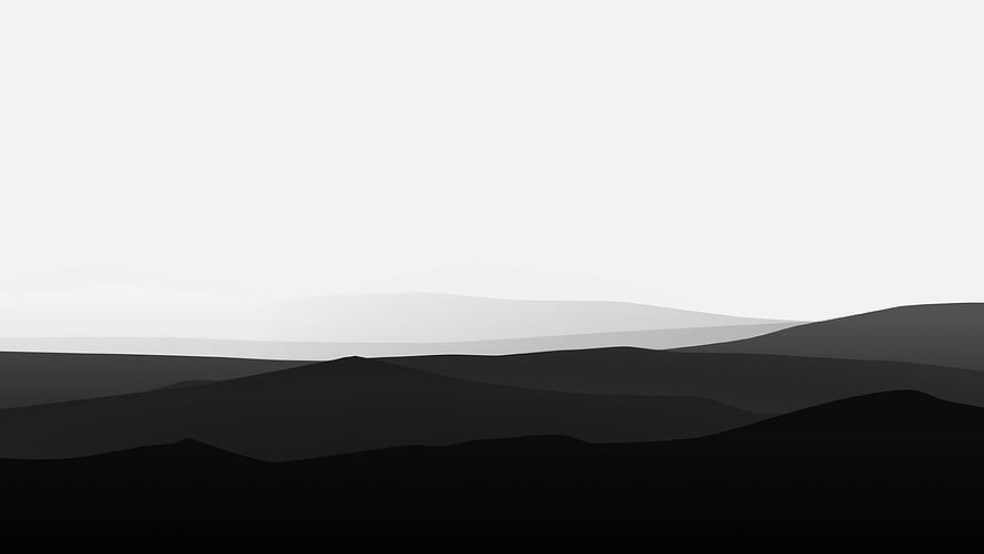 Minimalist Black and White Mountain Landscape with Layered Silhouettes and Soft Gradient Sky HD wallpaper