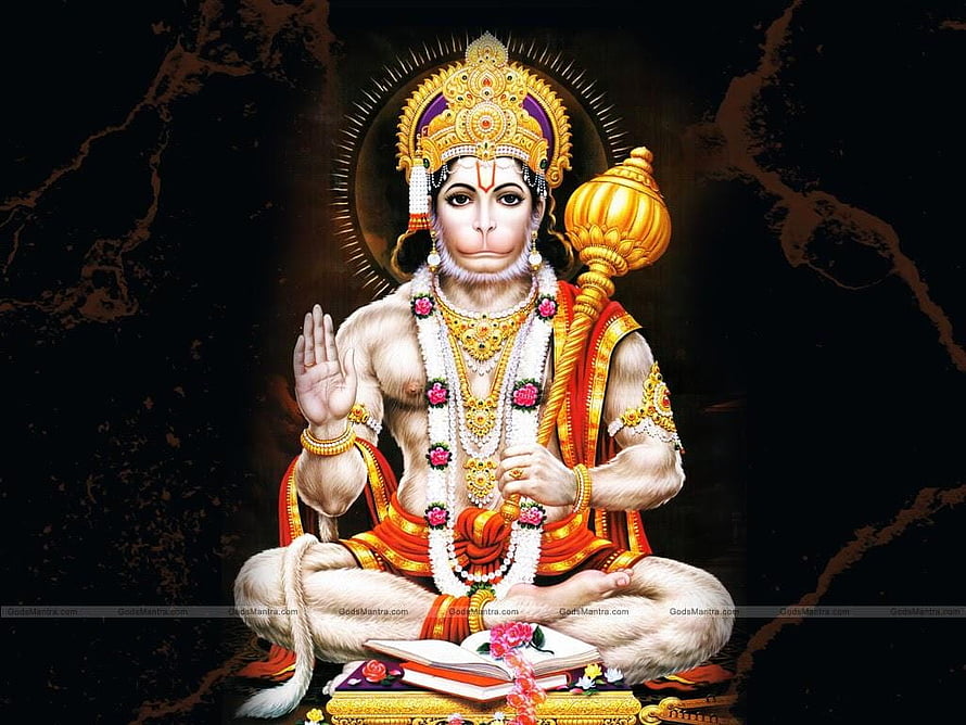 Lord Hanuman Seated in Meditation with Gada and Sacred Text on Dark Marble Background, : Lord Anjaneya Swamy Lord Hanuman, #lord hanuman HD wallpaper
