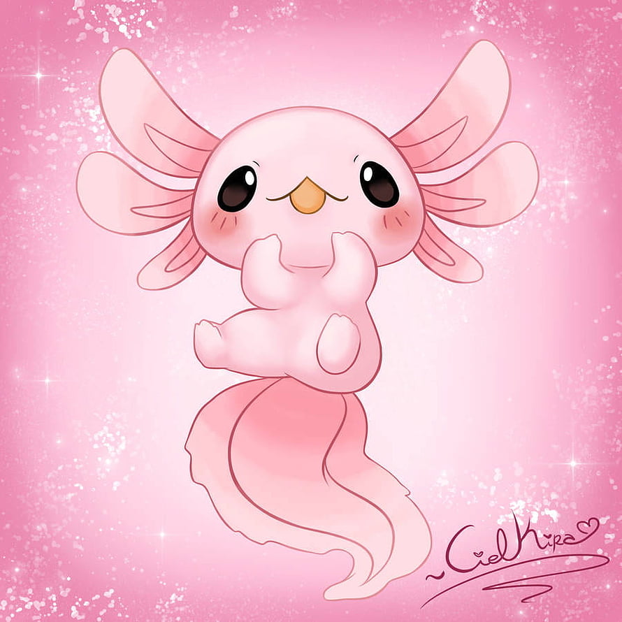 Cute Pink Kawaii Axolotl Digital Illustration with Sparkling Background HD phone wallpaper