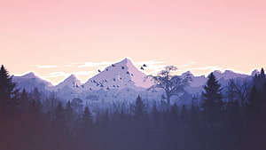 Serene Mountain Landscape at Sunset with Flying Birds and Forest Silhouettes HD wallpaper