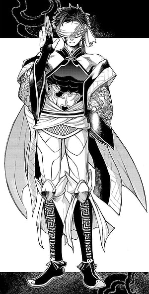 Qin Shi Huang in ornate black and white manga style with blindfold and flowing robes HD phone wallpaper