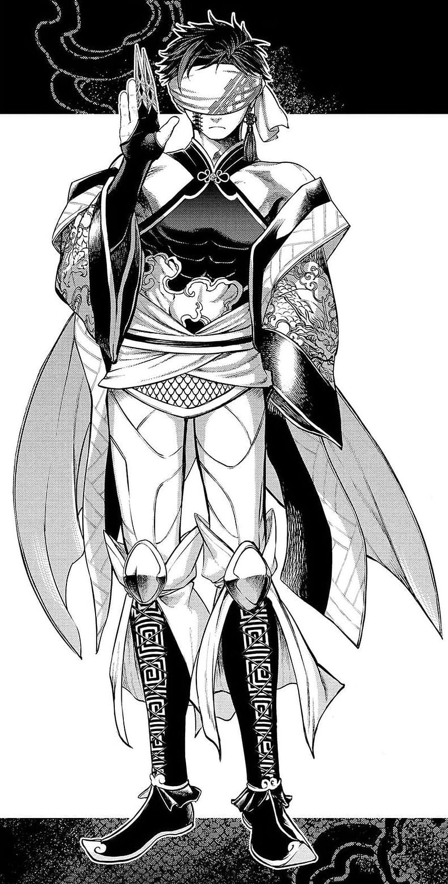 Qin Shi Huang in ornate black and white manga style with blindfold and flowing robes HD phone wallpaper